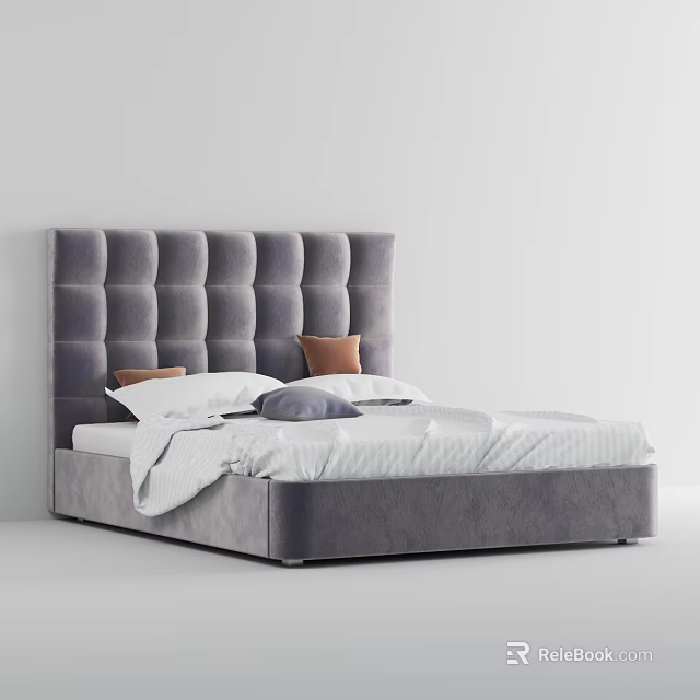 Modern Double Bed With Gray Tufted Headboard White Sheets And Orange Cushions 3d model
