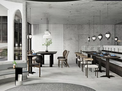 Elegant Modern Restaurant Interior With Pendant Lights Wooden Dining Tables And Green Plants 3d model