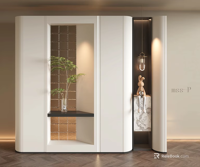Modern White Partition with Transparent Panel Green Plant Small Shelf and Decorative Items 3d model