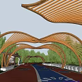 Wooden Curved Pergola Structure With Natural Sunlight Lush Trees And Scenic Pathway