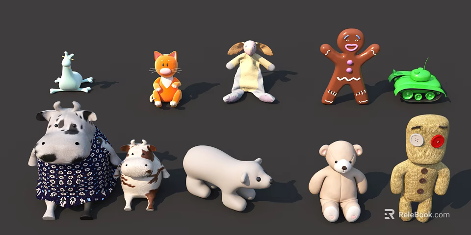 Adorable Stuffed Toys Collection Featuring Cat Sheep Gingerbread Man Cow Polar Bear and Bear 3d model 