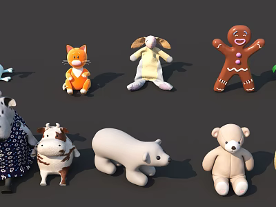 Adorable Stuffed Toys Collection Featuring Cat Sheep Gingerbread Man Cow Polar Bear and Bear 3d model