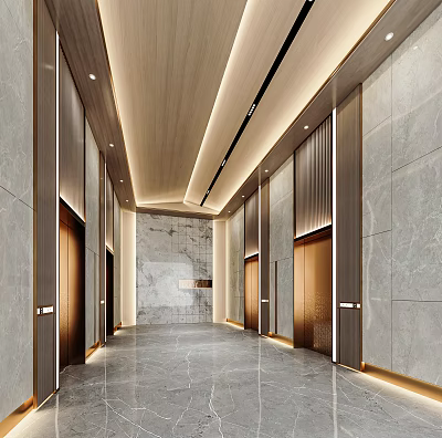 Elegant Modern Elevator Hallway Design With Marble Walls Wooden Ceiling And Recessed Lighting 3d model