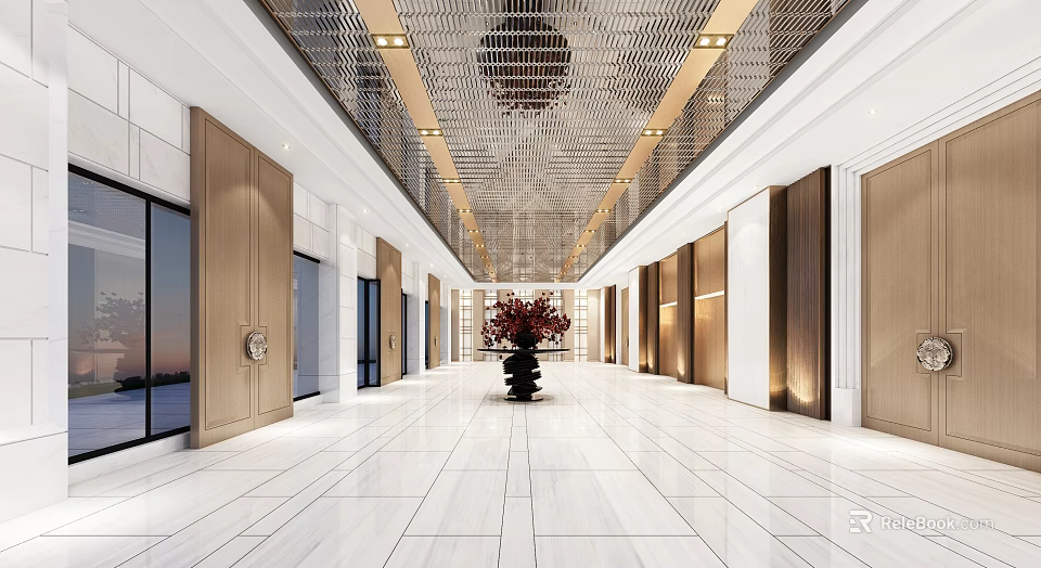 Modern Elevator Hallway With Spacious Marble Floor Central Flower Vase And Ceiling Decor 3d model