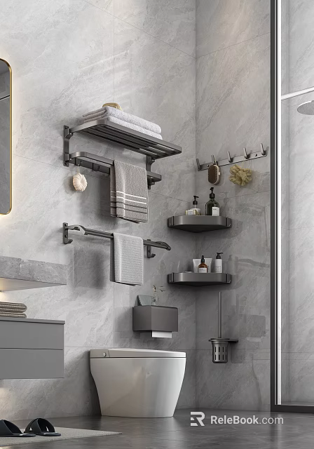 Bathroom Accessories Including Wall Mounted Shelves Towel Racks And Hooks For Modern Bathroom 3d model 