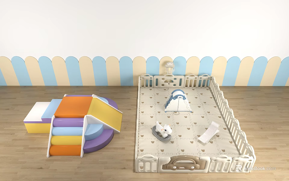 Baby Playpen With Colorful Slide Steps Toys And Blue White Wavy Wall In Play Area 3d model 