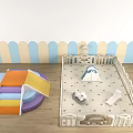Baby Playpen With Colorful Slide Steps Toys And Blue White Wavy Wall In Play Area