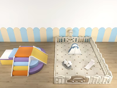 Baby Playpen With Colorful Slide Steps Toys And Blue White Wavy Wall In Play Area 3d model