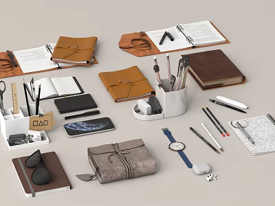 Various Office Supplies Including Notebooks Pens Watch Wallet Phone And Sunglasses 3d model