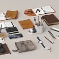 Various Office Supplies Including Notebooks Pens Watch Wallet Phone And Sunglasses