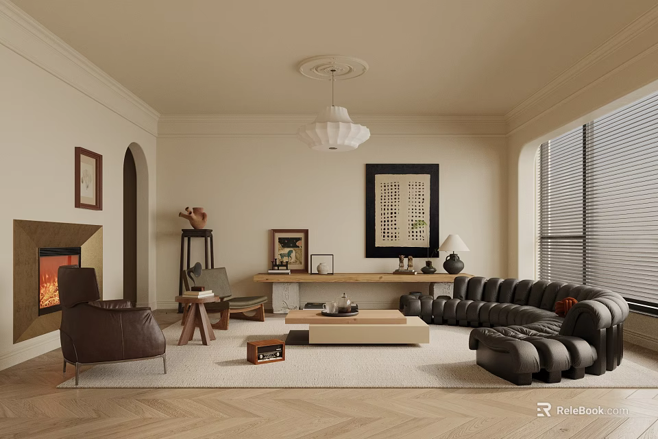 Living Room Interior With Beige Walls White Pendant Light Fireplace And Black Leather Sofa 3d model 