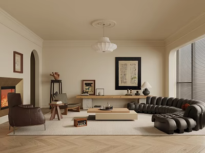 Living Room Interior With Beige Walls White Pendant Light Fireplace And Black Leather Sofa 3d model