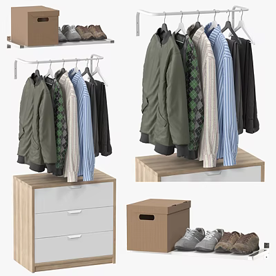 Stylish Clothes Hanging On Racks With Jackets Shirts Sweaters And Storage Drawers 3d model