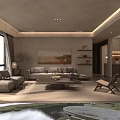 Warm Wabi Sabi Open Plan Living And Dining Room With Large Panoramic Outdoor Natural Views