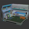 Cartoon Scene of Futuristic Workstation With Console Screen Green Floor and Orange Boxes