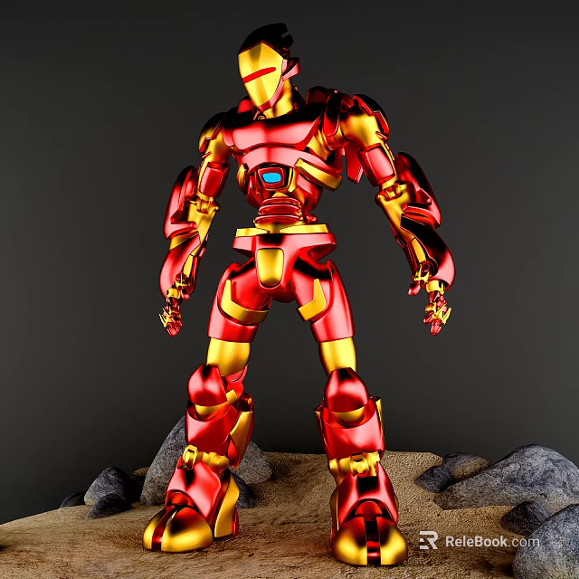 Game Movie Character Iron Man Red Gold Armor Glowing Blue Elements On Rocks Sand Base 3d model 