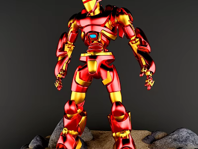 Game Movie Character Iron Man Red Gold Armor Glowing Blue Elements On Rocks Sand Base 3d model