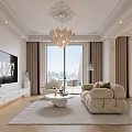 Luxurious Bedroom Interior With Fan Shaped Wall Decor Decorative Ceiling And Floor To Ceiling Windows