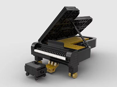 Detailed Black Building Blocks Piano Model With Open Lid White Keys Pedal And Golden Wheels 3d model