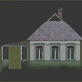 Small Residential House With Green White Walls Blue Roof Multiple Windows And Chimney