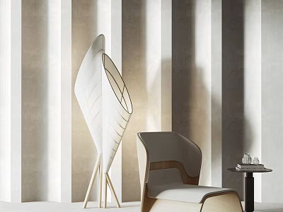 Modern Leisure Chair with Wooden Frame and Striped Backdrop in Minimalist Interior 3d model
