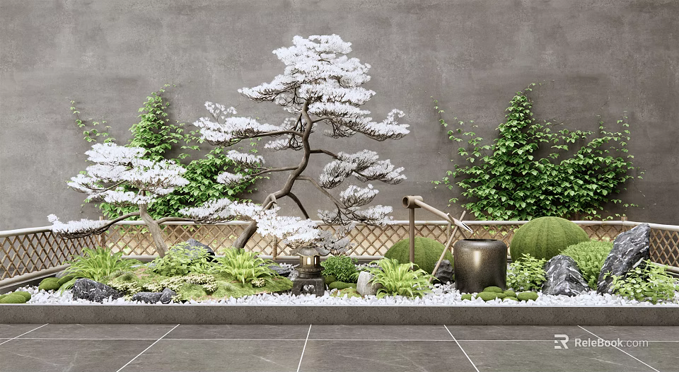 Karesansui Zen Garden Design With Raked Gravel Pine Trees Moss And Stones 3d model 