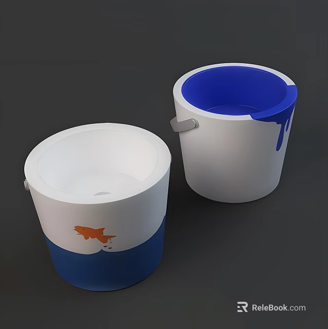 Washing Buckets In White And Blue With Orange Fish Design Grey Handle And Blue Interior 3d model 