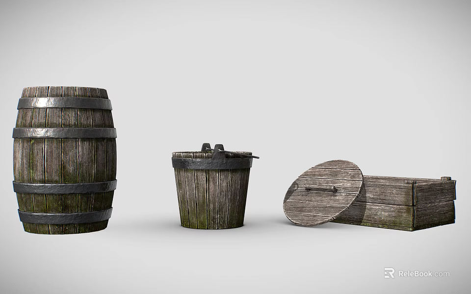 Agricultural Equipment Rustic Wooden Barrel Bucket and Box for Farming Storage 3d model 