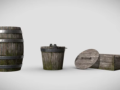 Agricultural Equipment Rustic Wooden Barrel Bucket and Box for Farming Storage 3d model