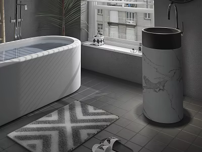 Modern Marble Column Washbasin in Bathroom with Window Plant and Rug 3d model