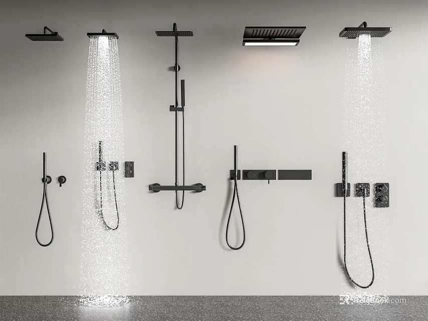 Modern Black Shower Heads With Handheld Sprayers And Wall Mounted Bathroom Fixtures 3d model 