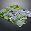 Cartoon Style Scenic Miniature Town with Roads Houses Trees and Crossroads
