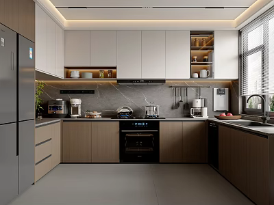 Modern Kitchen Interior Design With White Wood Cabinets Stainless Steel Fridge Gray Countertops And Appliances 3d model