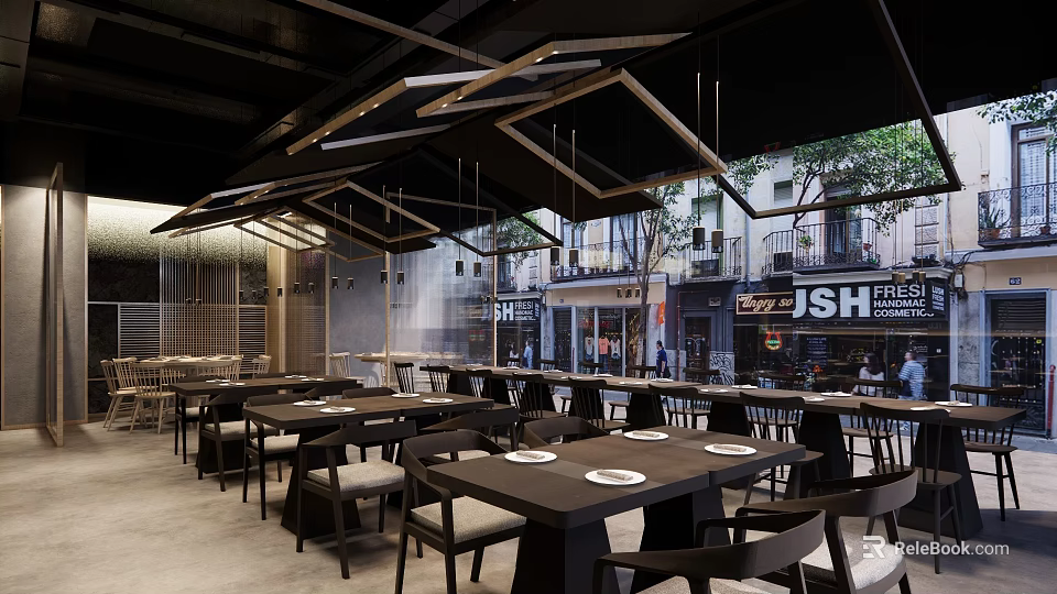 Modern Restaurant Interior Design With Tables Chairs Ceiling Lighting And Street View 3d model 