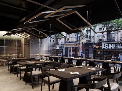 Modern Restaurant Interior Design With Tables Chairs Ceiling Lighting And Street View 3d model