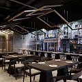 Modern Restaurant Interior Design With Tables Chairs Ceiling Lighting And Street View