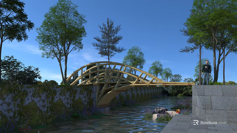 Scenic Arch Bridge Over Calm River With Green Trees And Stone Banks Under Blue Sky 3d model 