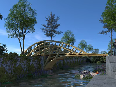 Scenic Arch Bridge Over Calm River With Green Trees And Stone Banks Under Blue Sky 3d model