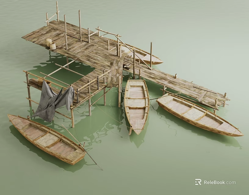 Rustic Wooden Dock With Moored Boats And Drying Clothes On Water 3d model 