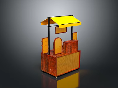 Modern Street Vendor Kiosk With Yellow Awning Wooden Counter And Display Shelves 3d model