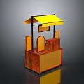 Modern Street Vendor Kiosk With Yellow Awning Wooden Counter And Display Shelves