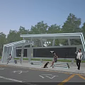 Modern Urban Bus Station With Shelter Benches Pedestrians And Green Trees