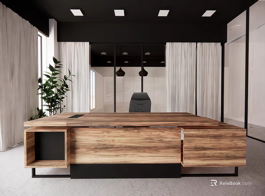 Modern Office With Large Wooden Desk Green Plant White Curtains Black Ceiling And Pendant Lights 3d model 