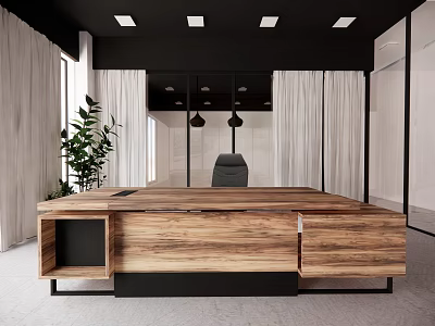 Modern Office With Large Wooden Desk Green Plant White Curtains Black Ceiling And Pendant Lights 3d model