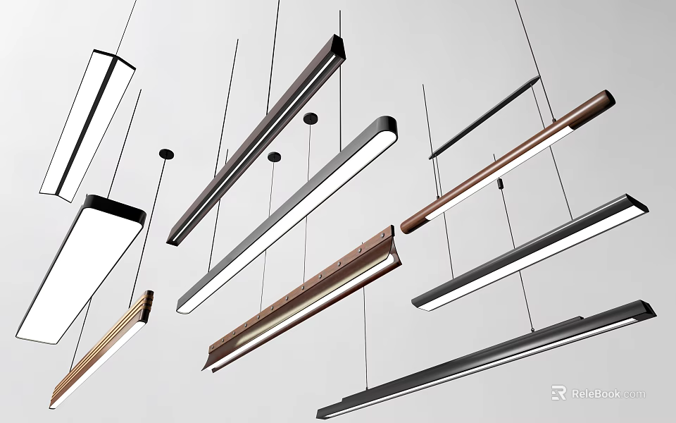 Modern Linear Pendant Lights With Various Designs And Metal Wooden Finishes For Interior Lighting Decor 3d model 