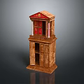 Classical Style Wooden Sculpture With Multi Layered Structure Red Panels And Gold Accents