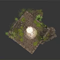 Ancient Stone Ruins With Moss Covered Walls And Green Plants On Pavement