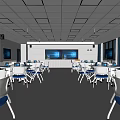 School Modern Classroom With White Desks Blue Chairs Laptops And Large Display Screens