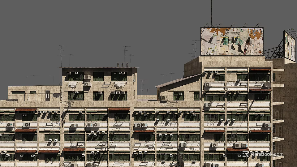 Weathered Residential Building Facade With Numerous Air Conditioning Units And Balconies 3d model 