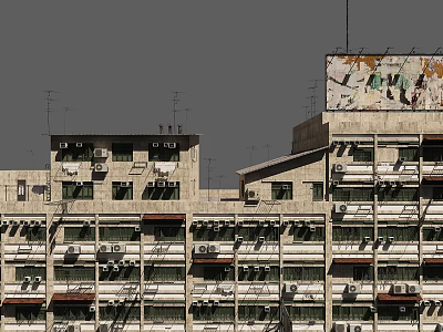 Weathered Residential Building Facade With Numerous Air Conditioning Units And Balconies 3d model